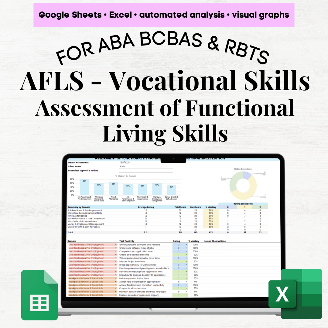 AFLS Vocational Skills Assessment, AFLS Vocational Skills, AFLS Assessment ABA, AFLS