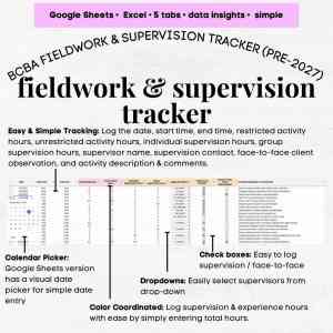 BCBA Fieldwork Tracker Template, BCBA Supervision Fieldwork Tracker, BCBA Tracker Hours Pre 2027 Standard & Concentrated