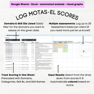 MOTAS-EL Assessment Scoring Tracker, MOTAS Early Learning Scoring Google Sheets Excel Automated Graphing Tool