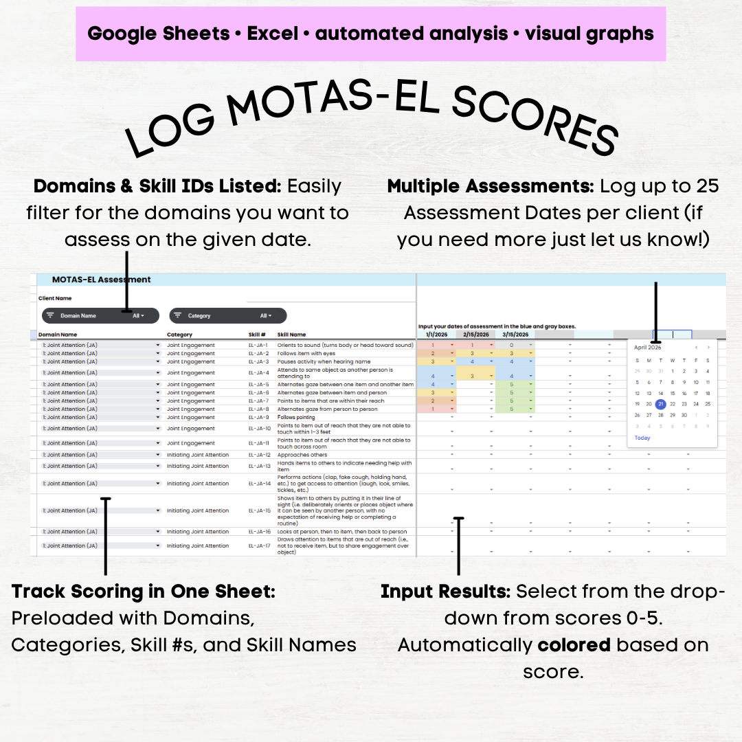 MOTAS-EL Assessment Scoring Tracker, MOTAS Early Learning Scoring Google Sheets Excel Automated Graphing Tool - Image 2
