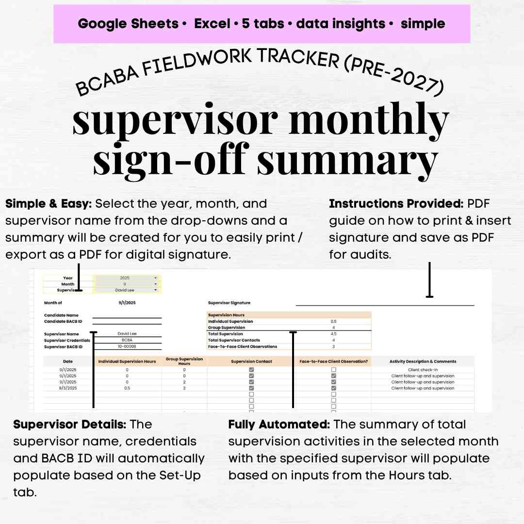 BCaBA Fieldwork Hours Tracker, BCaBA Supervision Tracker, Excel & Google Sheets Template Pre 2027 - Image 3