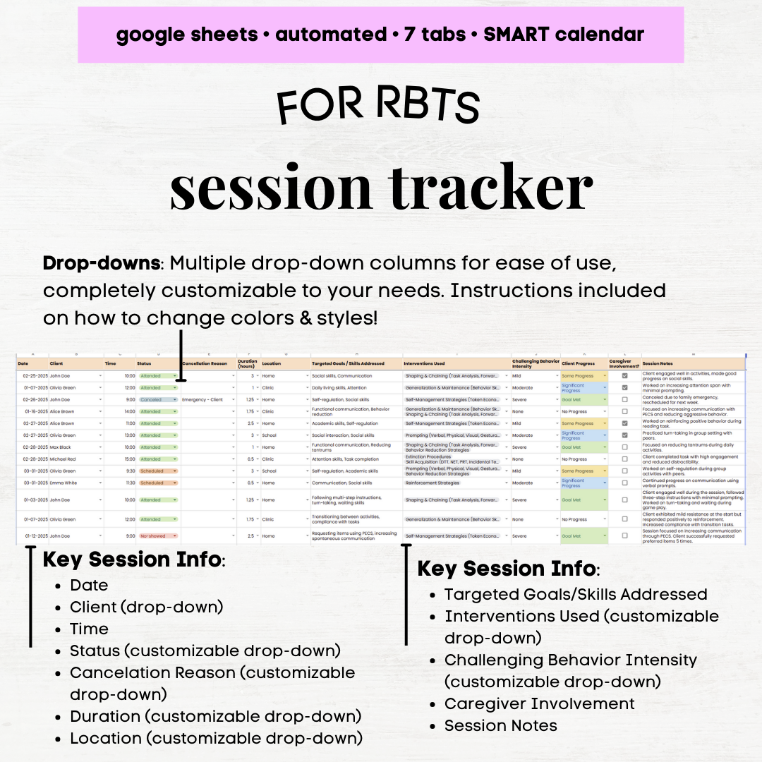 RBT Supervision Hours Tracker | RBT All in One Tool | Customizable | Client, Session, Schedule, and Case Load Tracker Google Sheets - Image 4